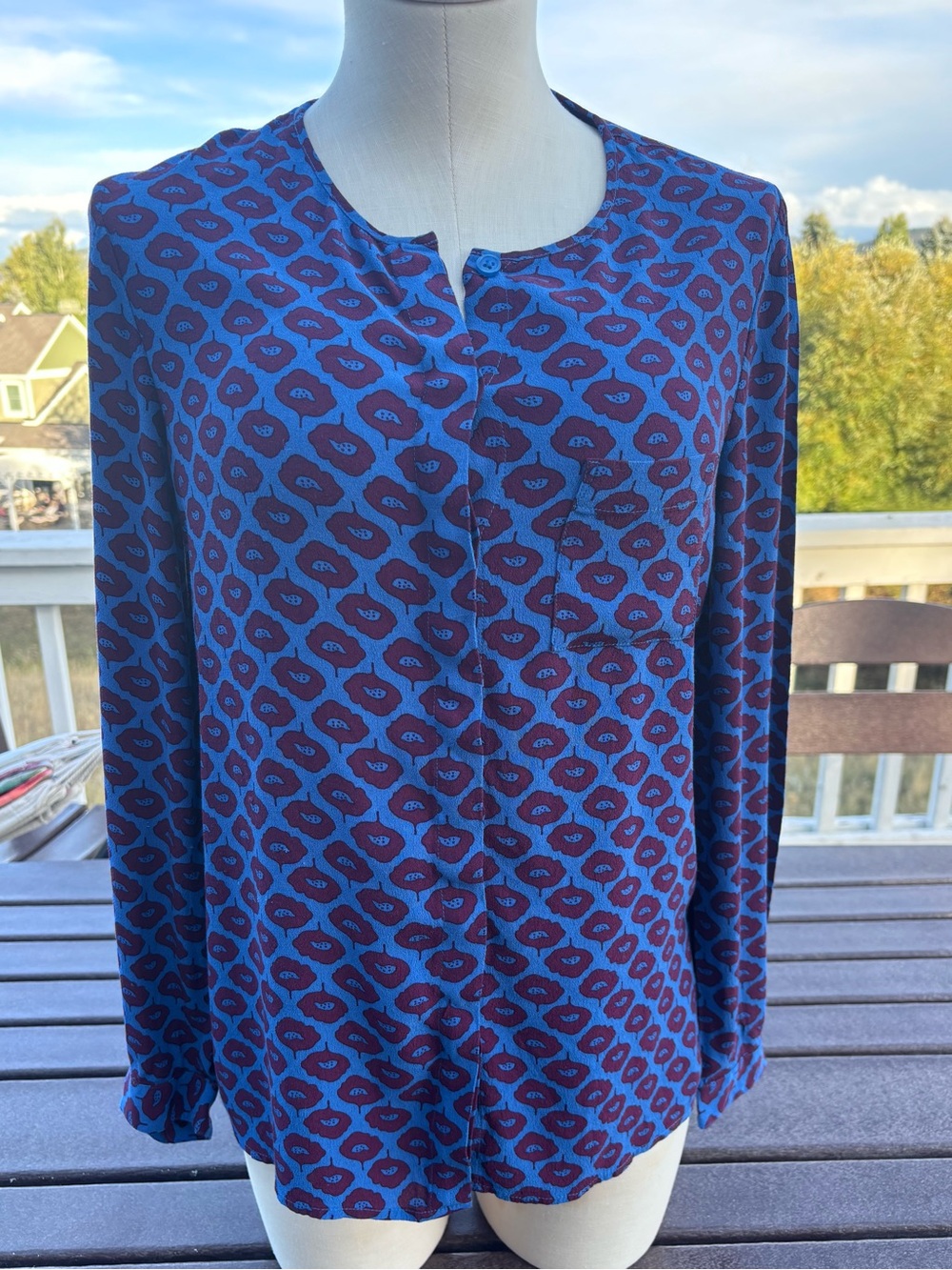 Boden Blue and Burgundy Floral Print Long-Sleeve Blouse